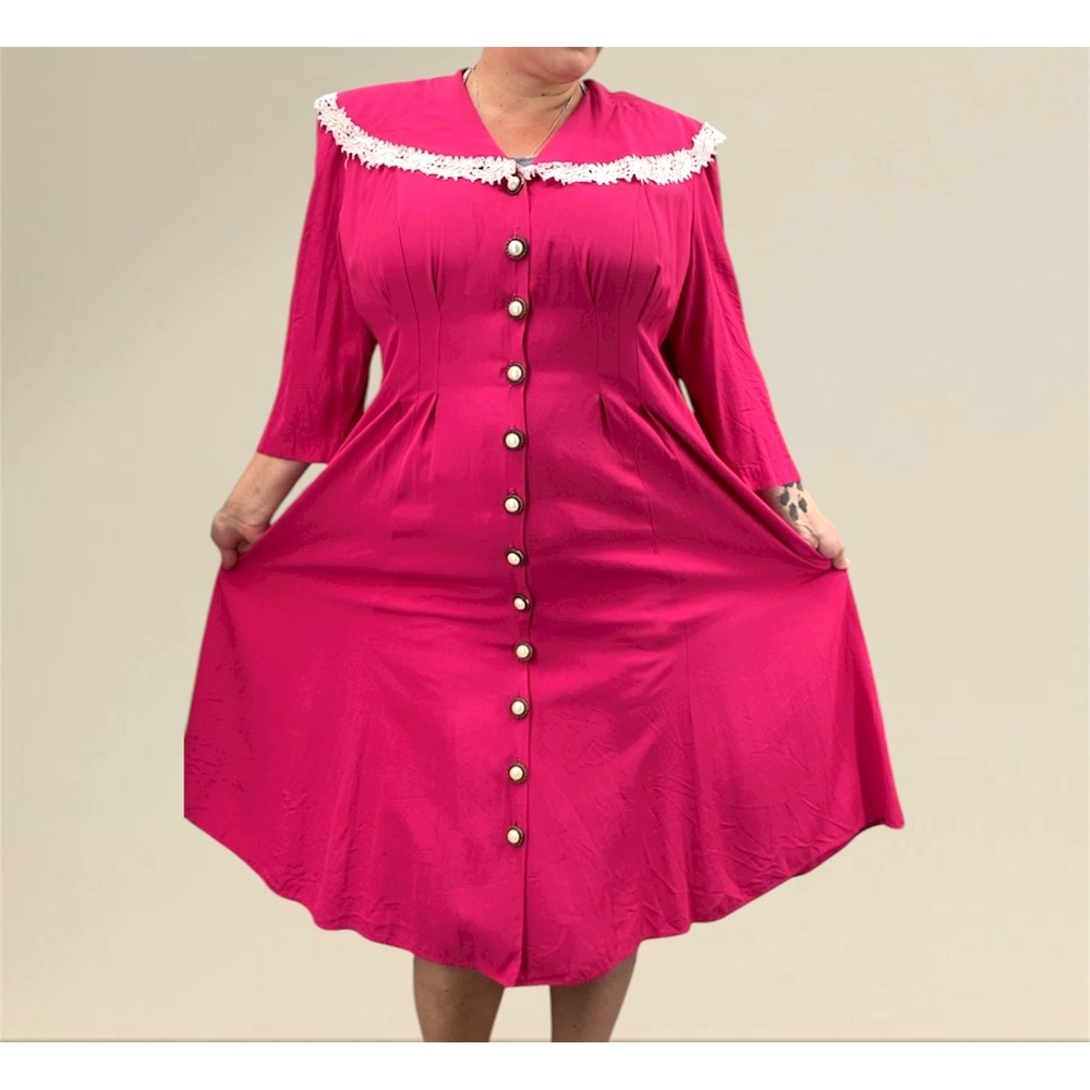 S.L. Fashions Women's Hot Pink Dress Sz 20 Lace Collar Vintage Party‎ Duster 80s